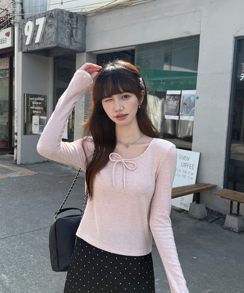 Long sleeve frenum slim T-shirt gray bow bottoming shirt