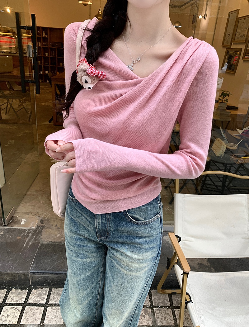Long sleeve V-neck sweater wool pure tops for women