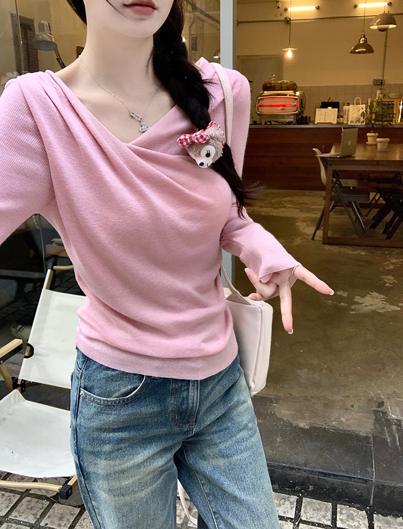 Long sleeve V-neck sweater wool pure tops for women