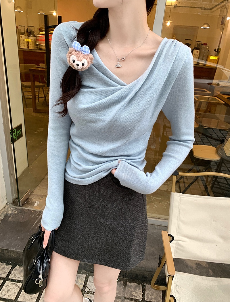 Long sleeve V-neck sweater wool pure tops for women