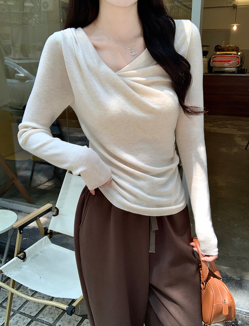 Long sleeve V-neck sweater wool pure tops for women