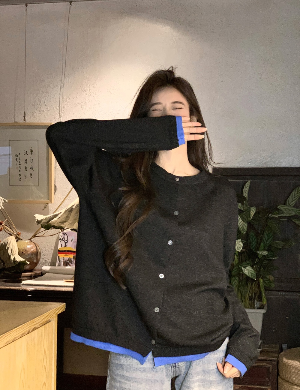 Round neck slim tops long sleeve sweater for women