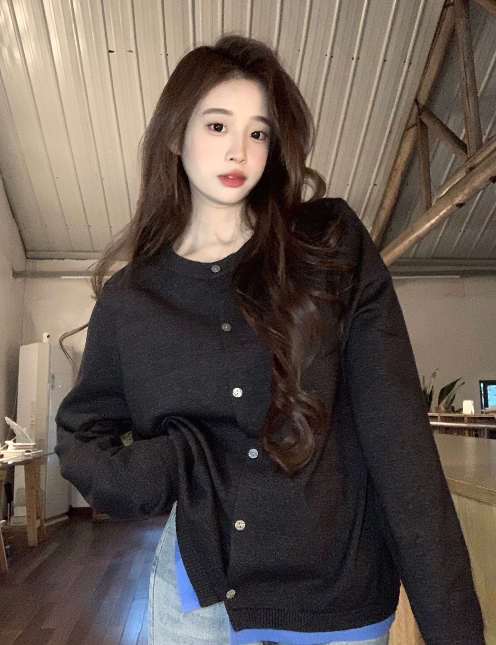 Round neck slim tops long sleeve sweater for women