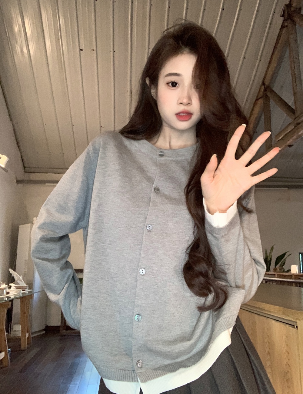 Round neck slim tops long sleeve sweater for women