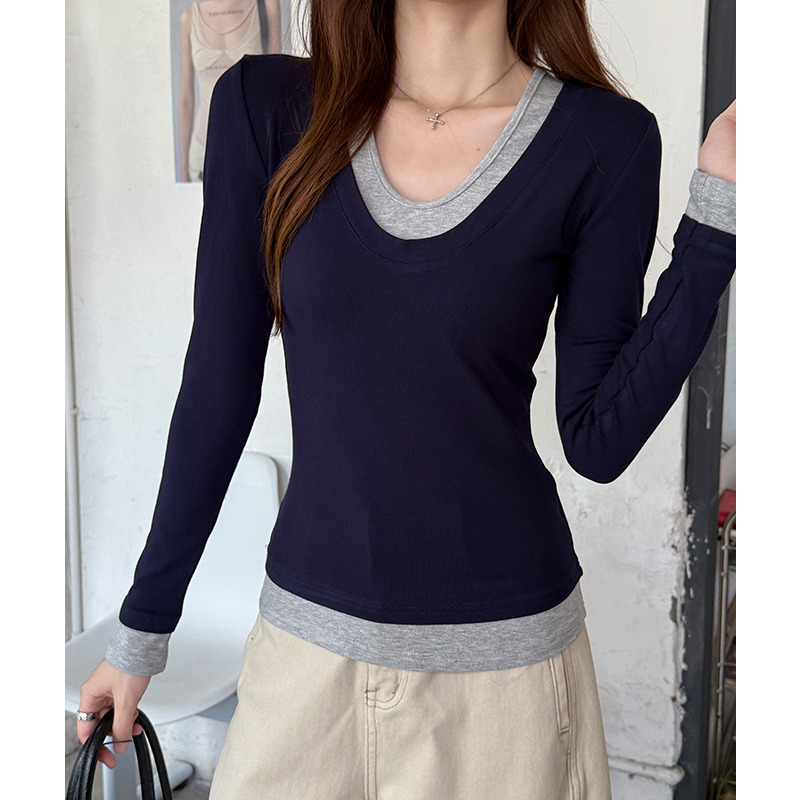Pseudo-two bottoming shirt T-shirt for women