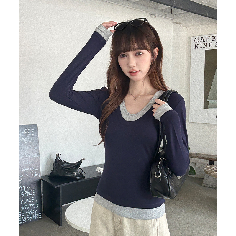 Pseudo-two bottoming shirt T-shirt for women