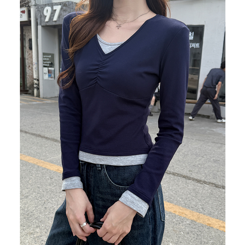 Fold V-neck long sleeve mixed colors T-shirt for women
