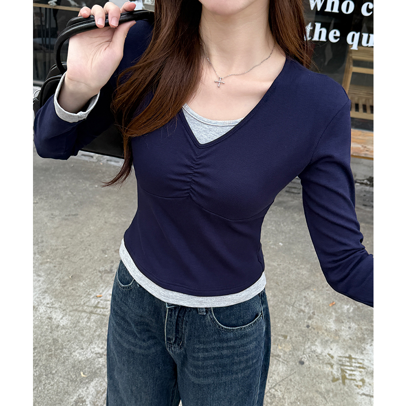 Fold V-neck long sleeve mixed colors T-shirt for women