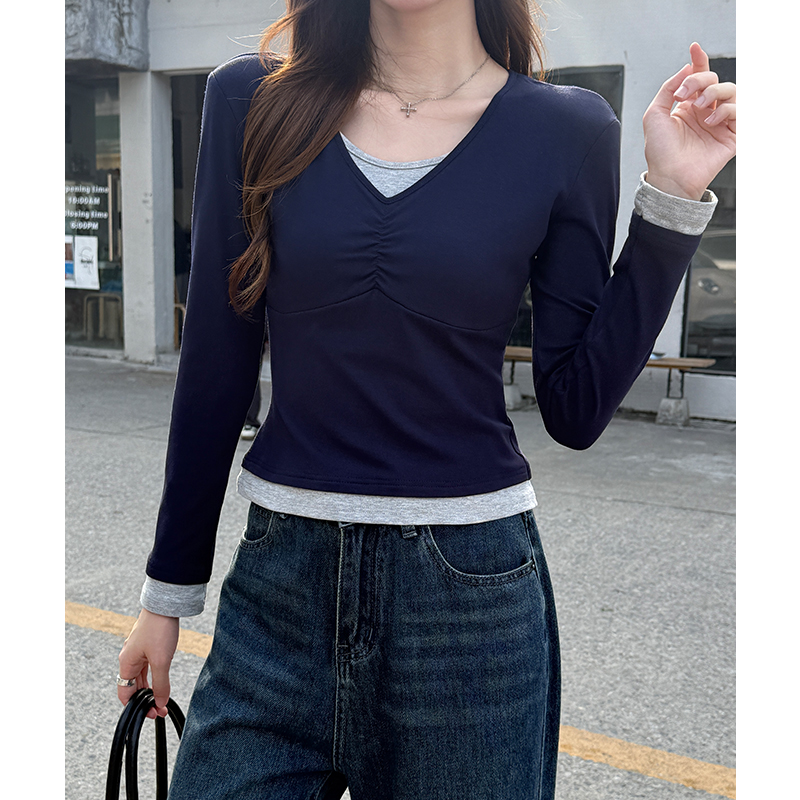 Fold V-neck long sleeve mixed colors T-shirt for women
