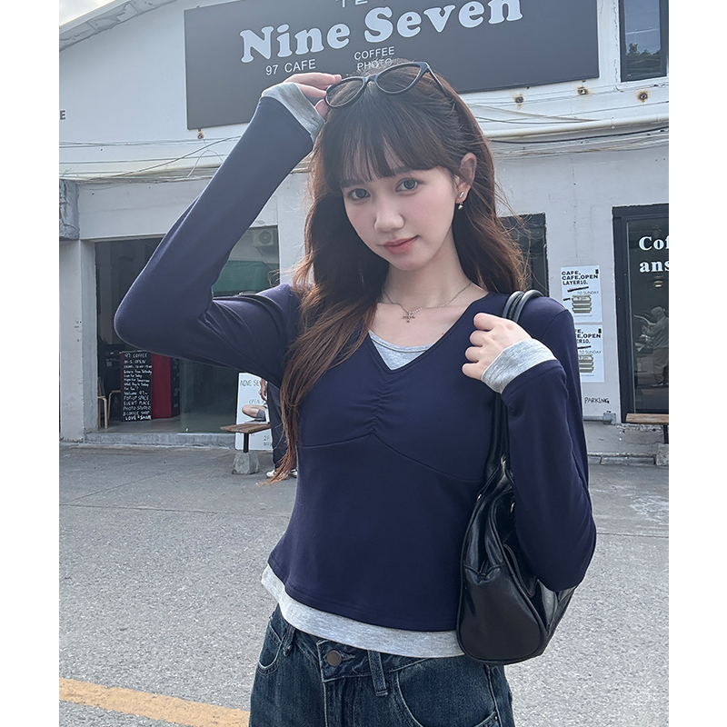 Fold V-neck long sleeve mixed colors T-shirt for women