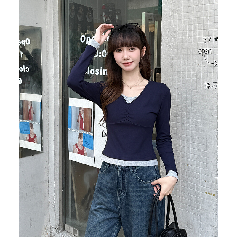 Fold V-neck long sleeve mixed colors T-shirt for women