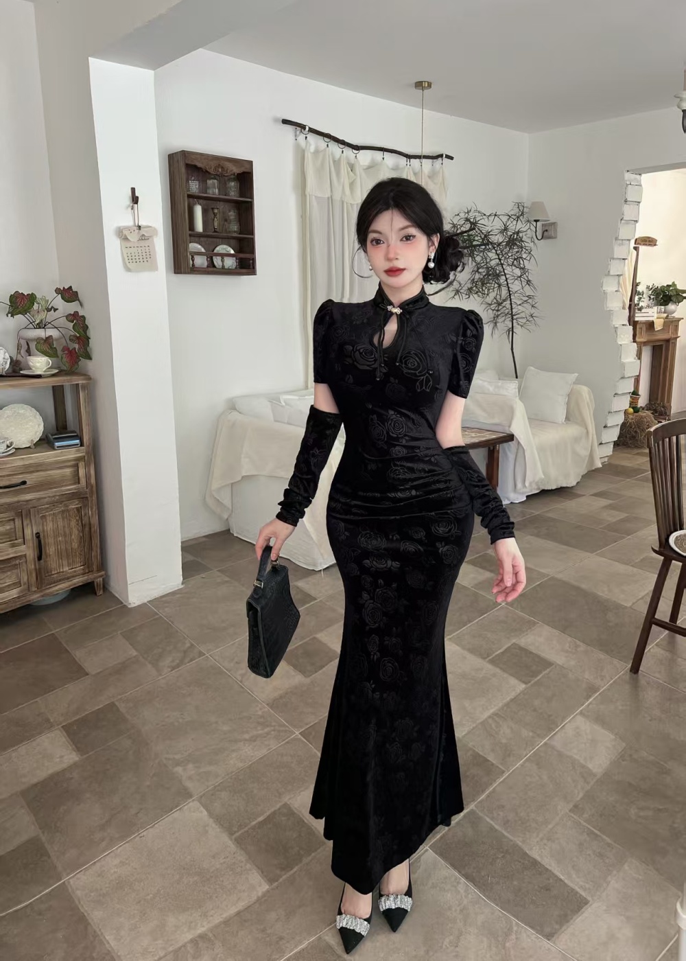 Golden velvet Chinese style cheongsam jacquard dress