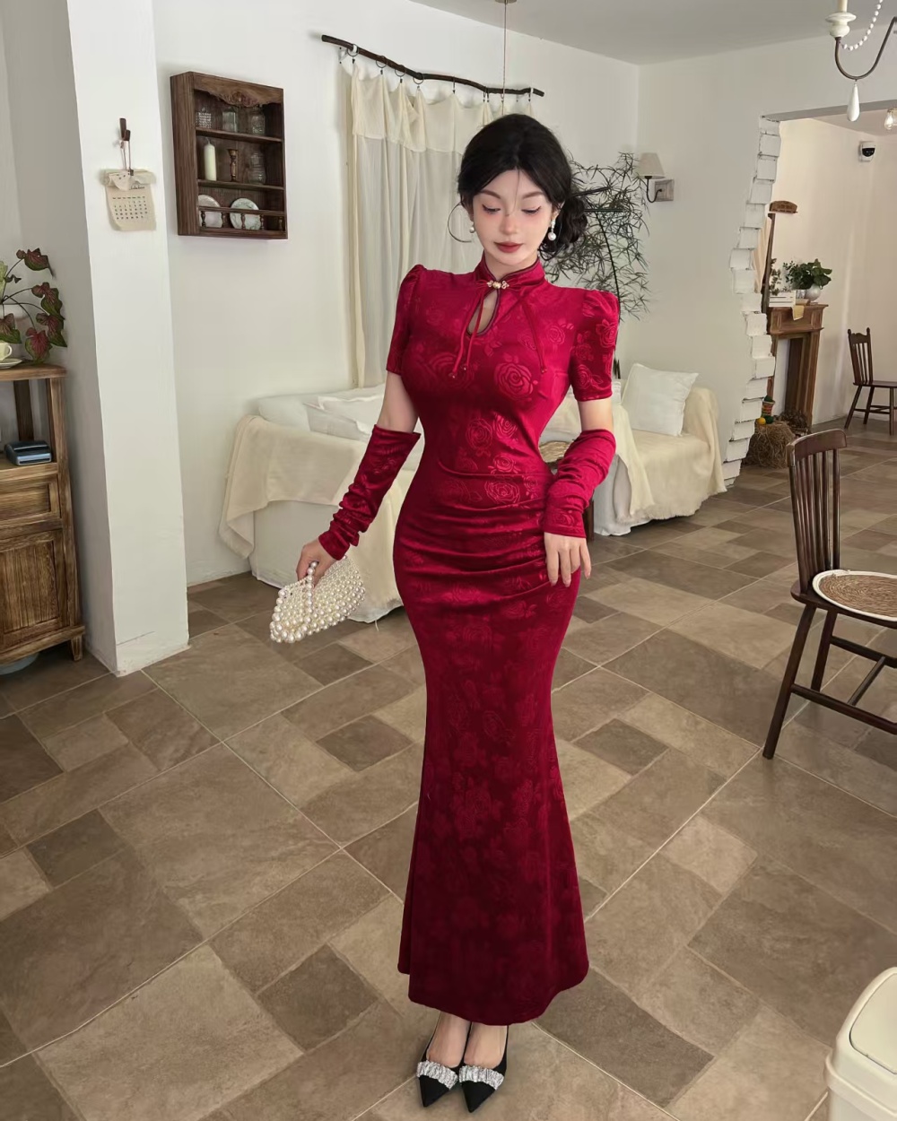Golden velvet Chinese style cheongsam jacquard dress