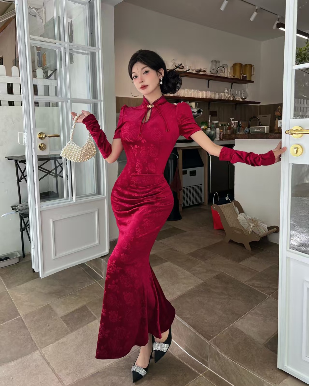 Golden velvet Chinese style cheongsam jacquard dress