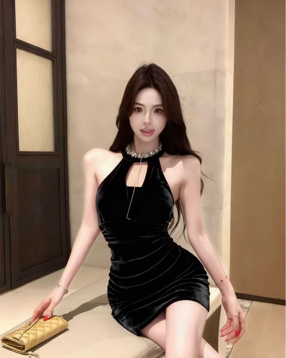 Slim velvet bottoming inside the ride halter dress