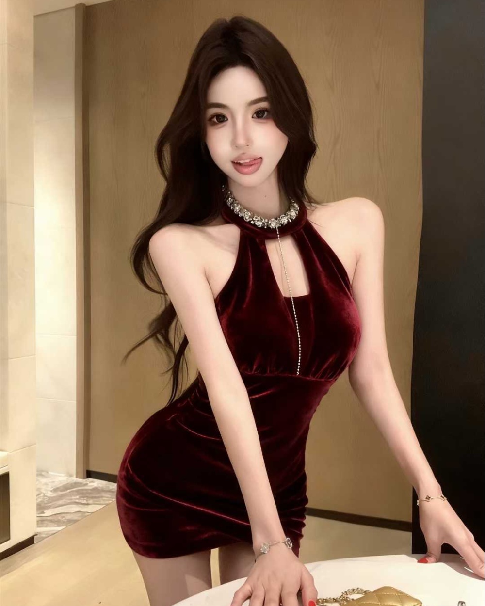 Slim velvet bottoming inside the ride halter dress