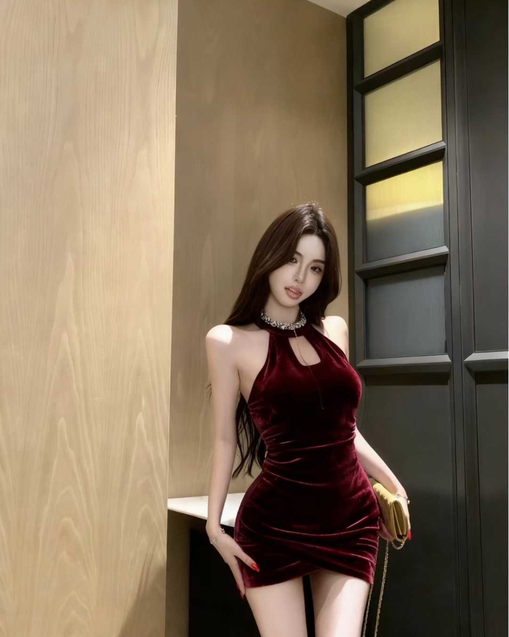 Slim velvet bottoming inside the ride halter dress