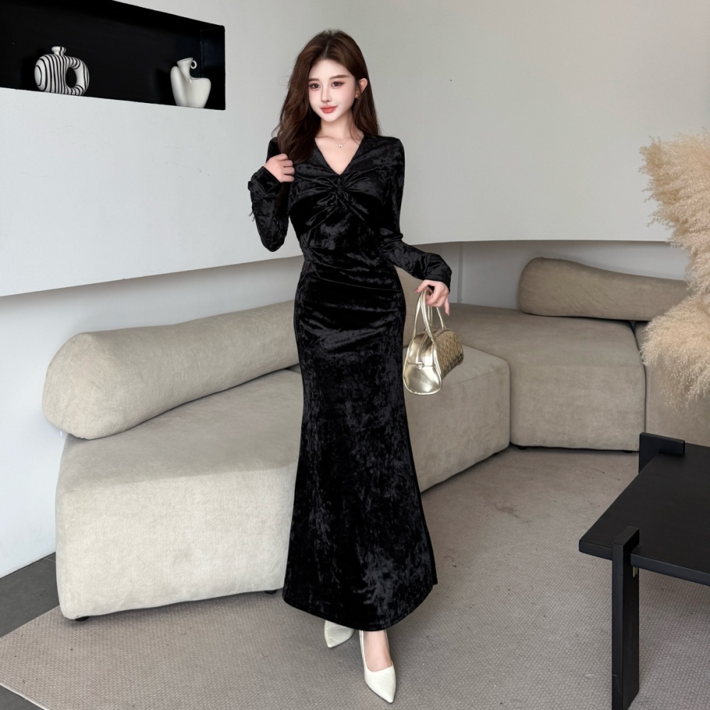Mermaid V-neck slim dress velvet tight formal dress