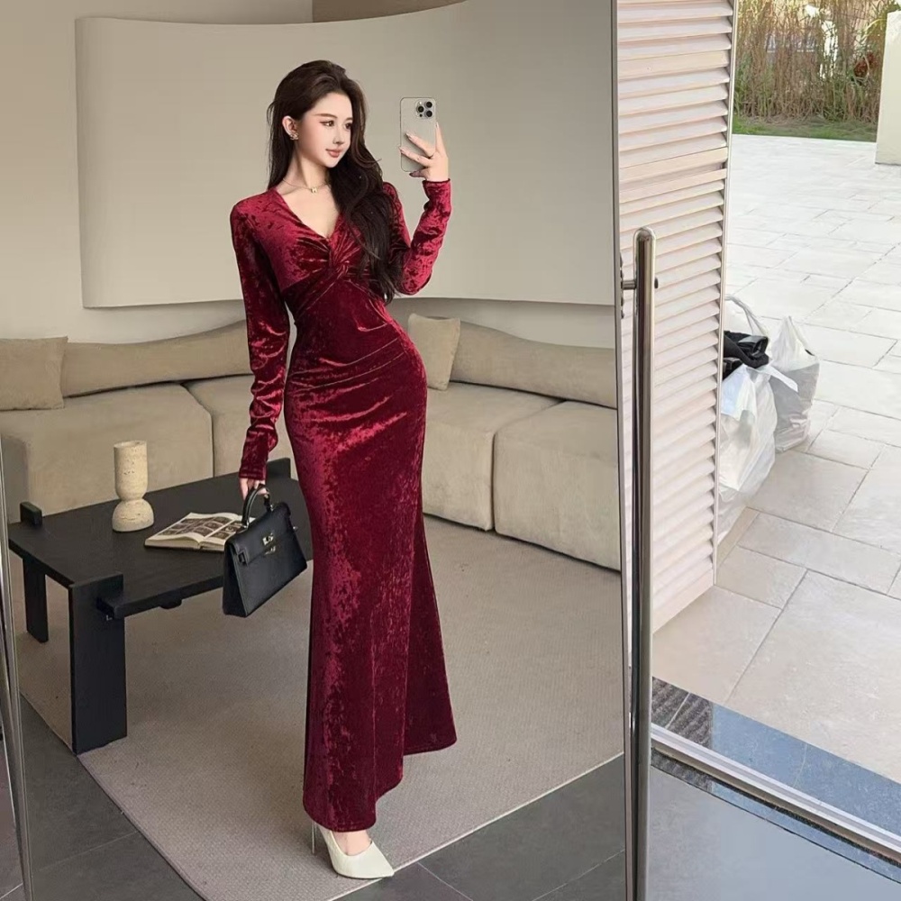 Mermaid V-neck slim dress velvet tight formal dress