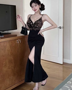 Sequins split package hip dress velvet slim long dress