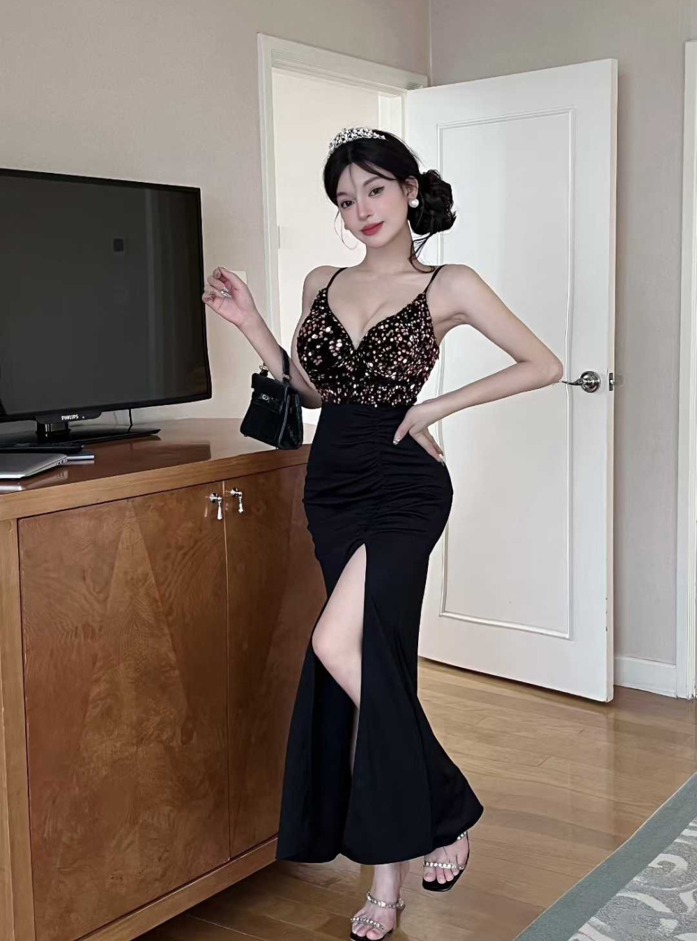 Sequins split package hip dress velvet slim long dress