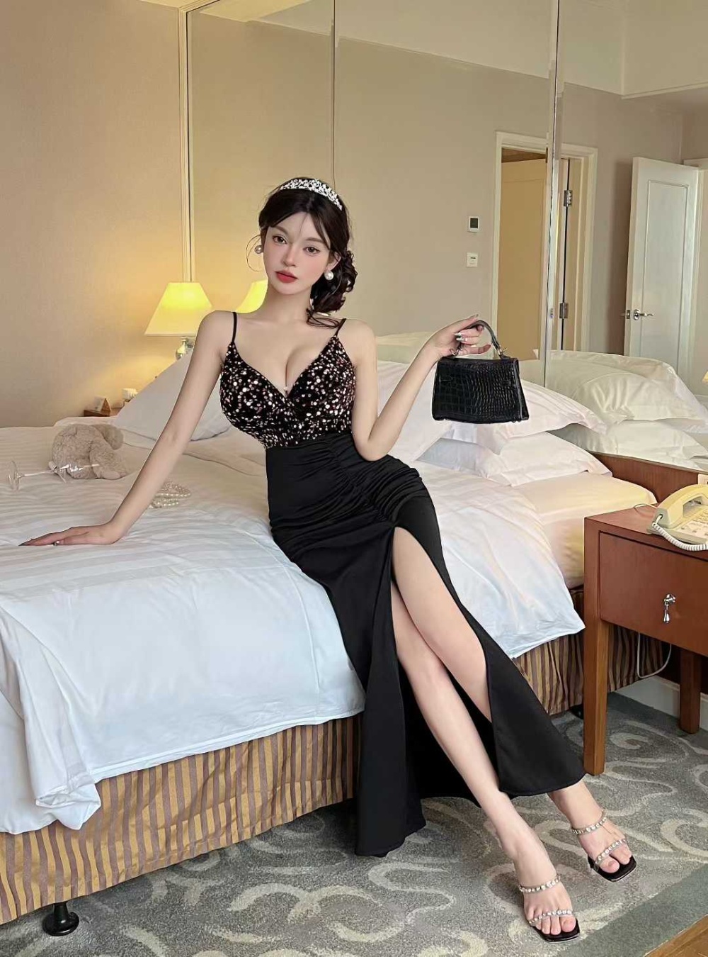 Sequins split package hip dress velvet slim long dress