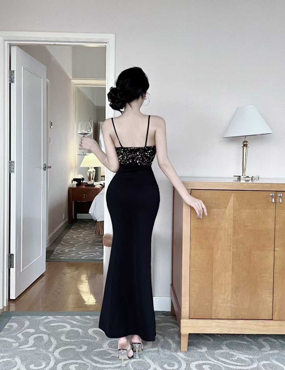 Sequins split package hip dress velvet slim long dress
