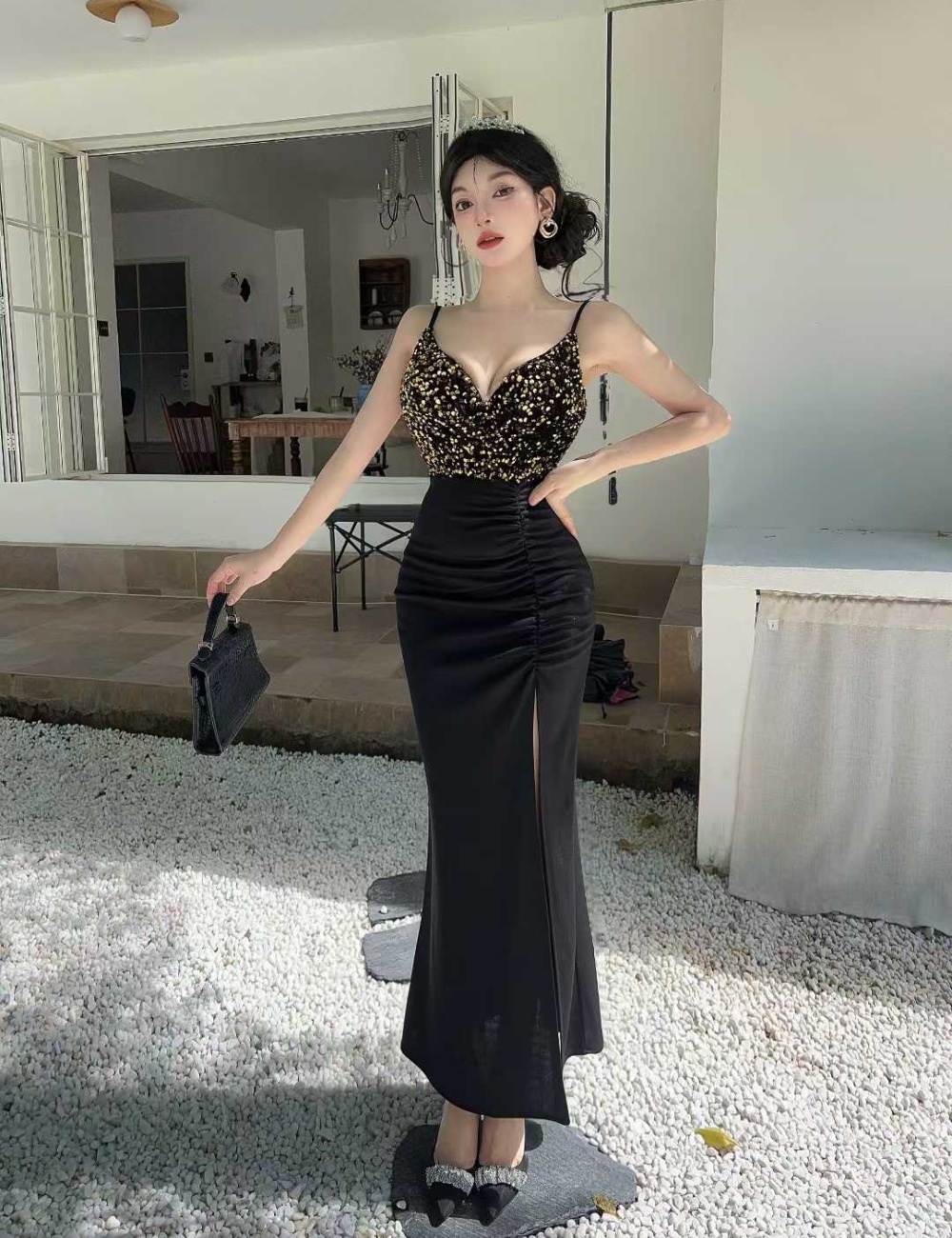Sequins split package hip dress velvet slim long dress