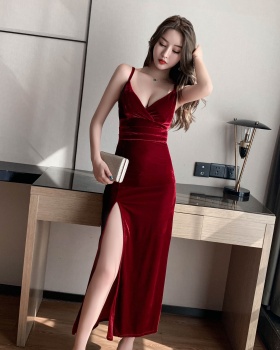Split temperament formal dress low-cut sling long dress