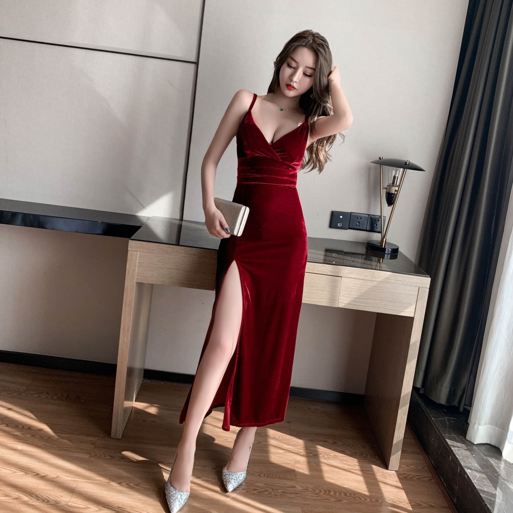 Split temperament formal dress low-cut sling long dress