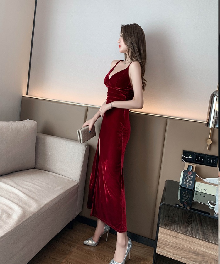 Split temperament formal dress low-cut sling long dress