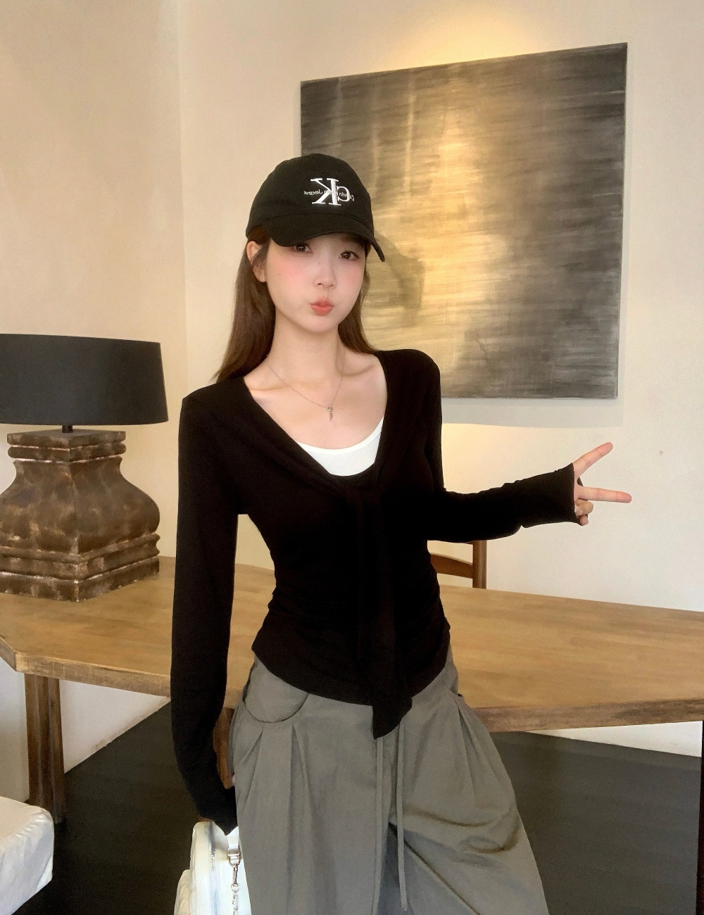 Korean style Pseudo-two T-shirt slim mixed colors tops