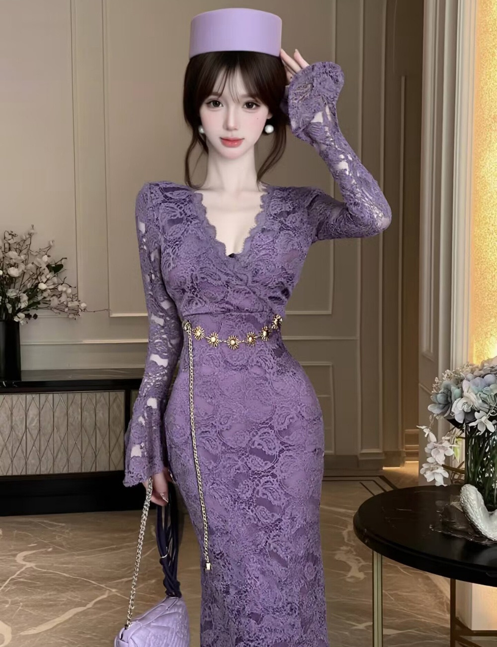 Splice V-neck lace long sleeve enticement dress