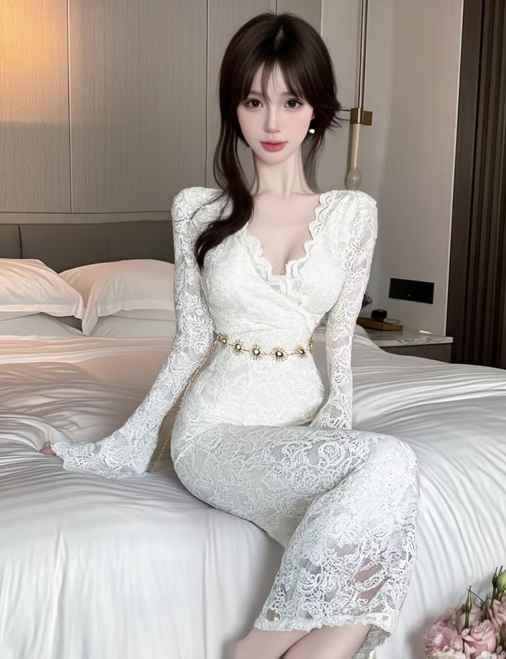 Splice V-neck lace long sleeve enticement dress