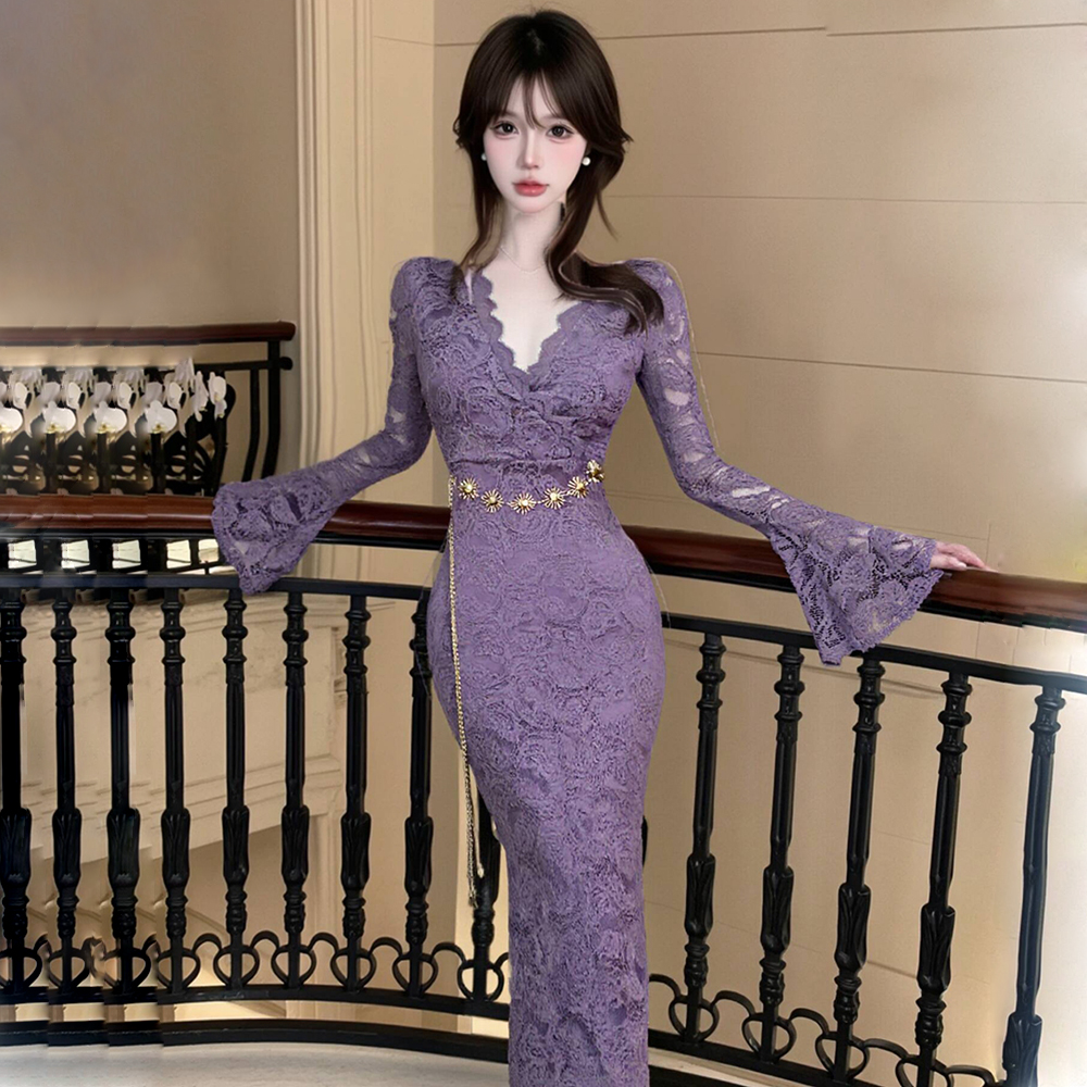 Splice V-neck lace long sleeve enticement dress