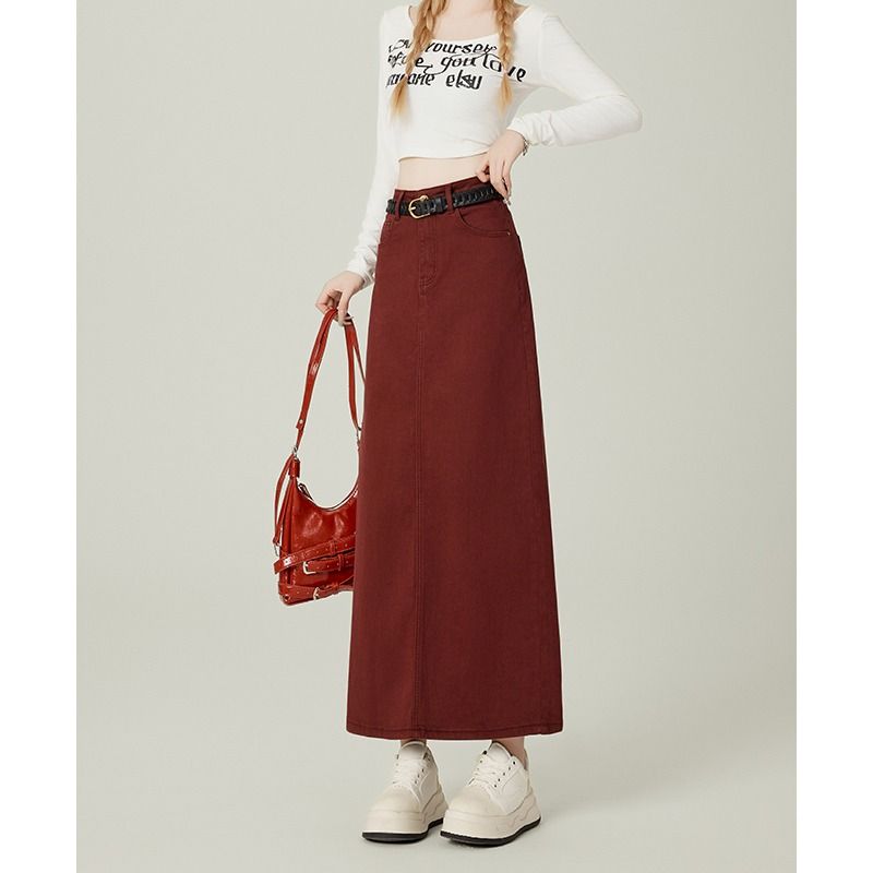 Burr red split skirt large yard high waist long skirt