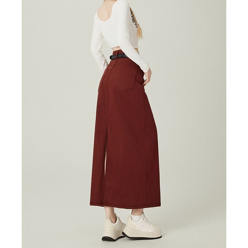 Burr red split skirt large yard high waist long skirt