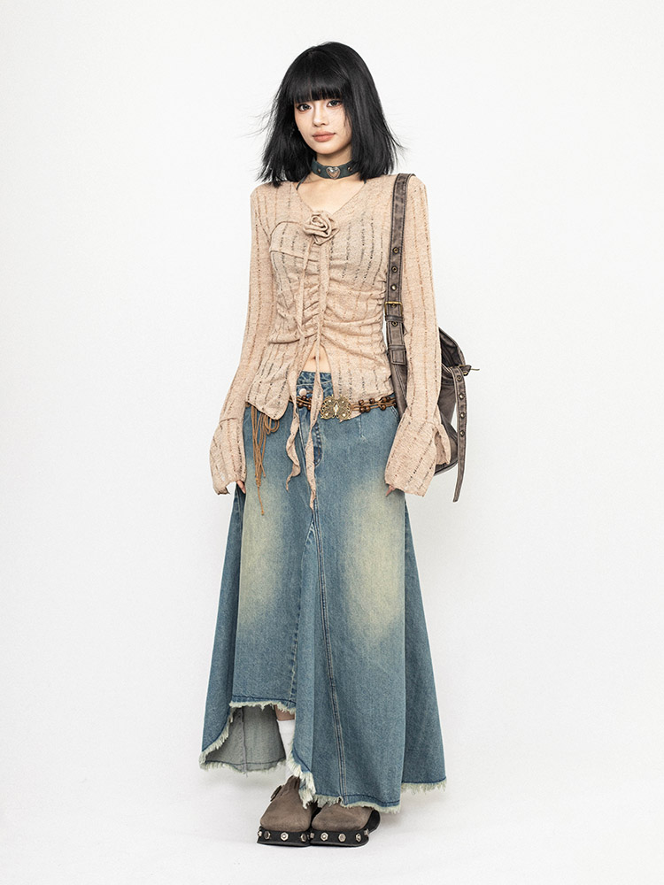 Irregular American style long skirt denim skirt for women