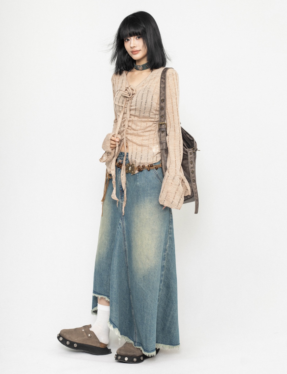 Irregular American style long skirt denim skirt for women