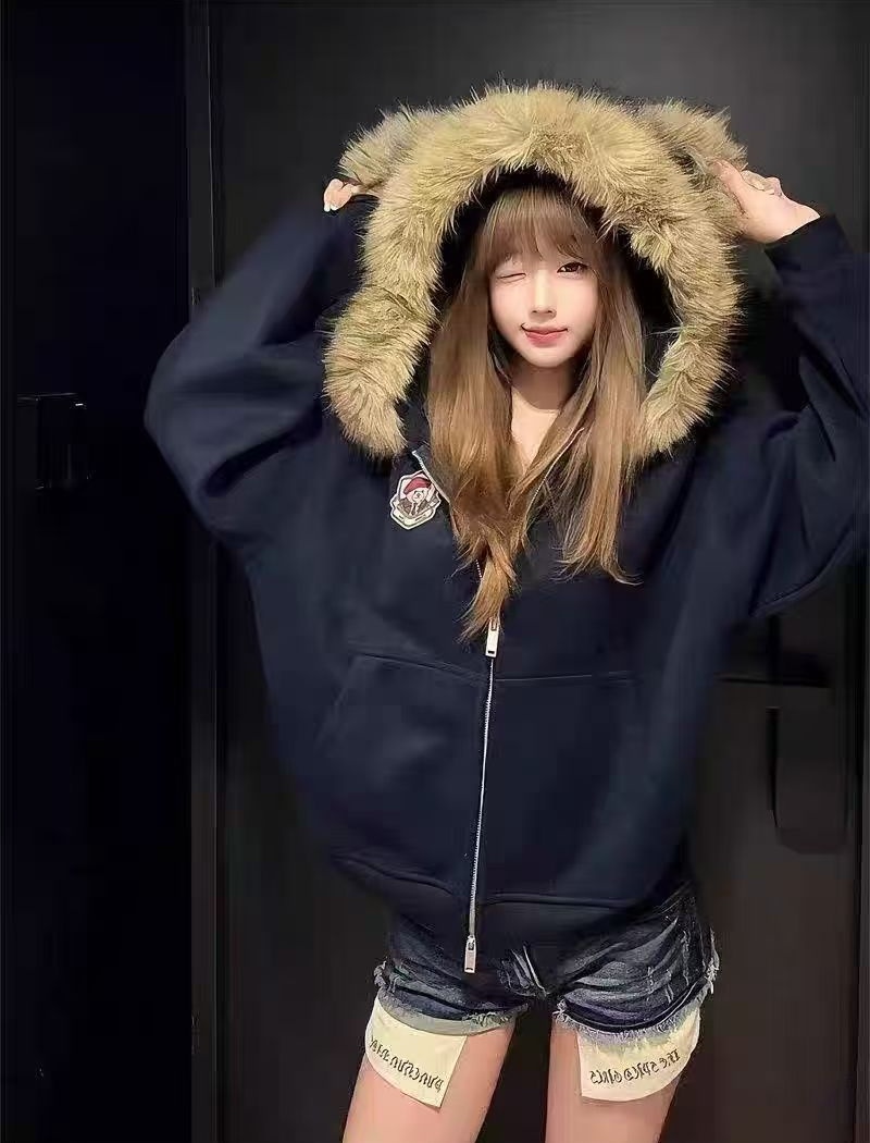 Ear cubs Casual coat loose fur collar hooded tops for women