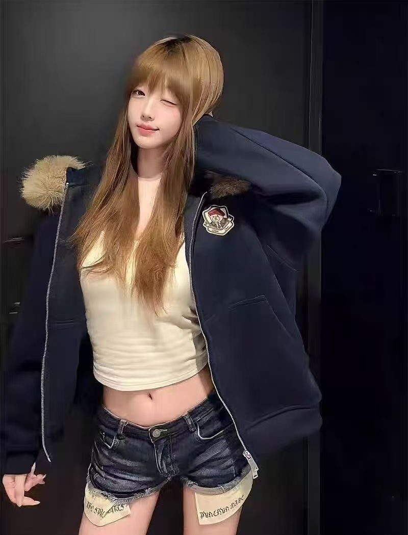 Ear cubs Casual coat loose fur collar hooded tops for women