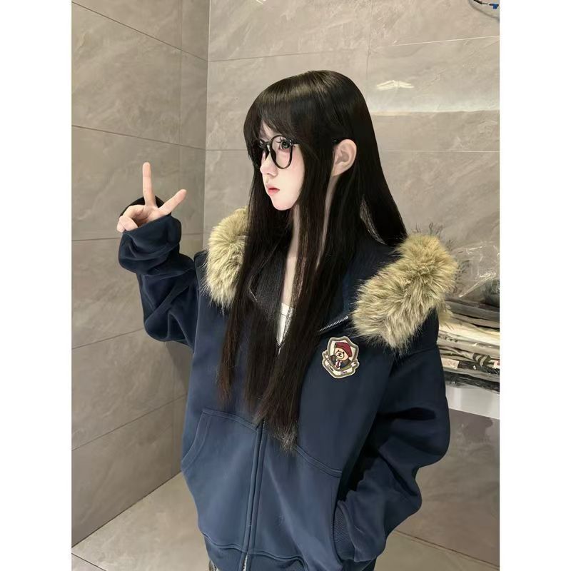Ear cubs Casual coat loose fur collar hooded tops for women