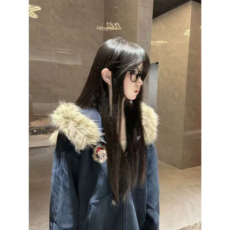 Ear cubs Casual coat loose fur collar hooded tops for women
