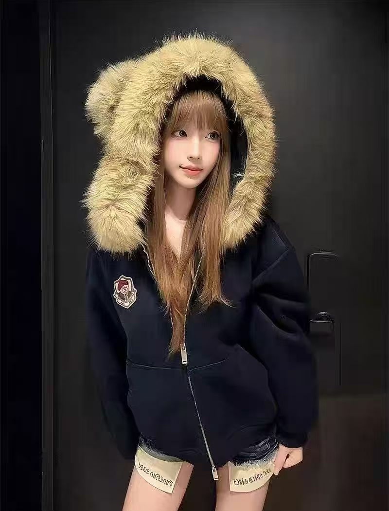 Ear cubs Casual coat loose fur collar hooded tops for women
