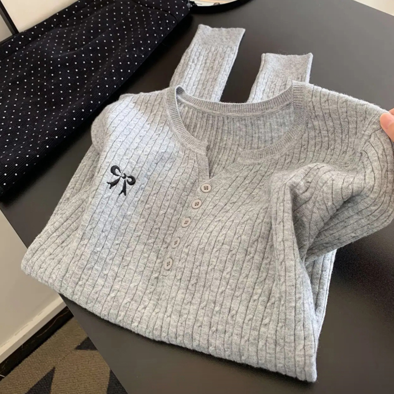 V-neck bow tops autumn and winter lazy sweater for women