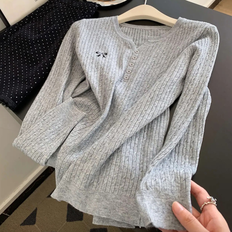 V-neck bow tops autumn and winter lazy sweater for women