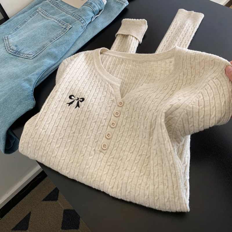 V-neck bow tops autumn and winter lazy sweater for women