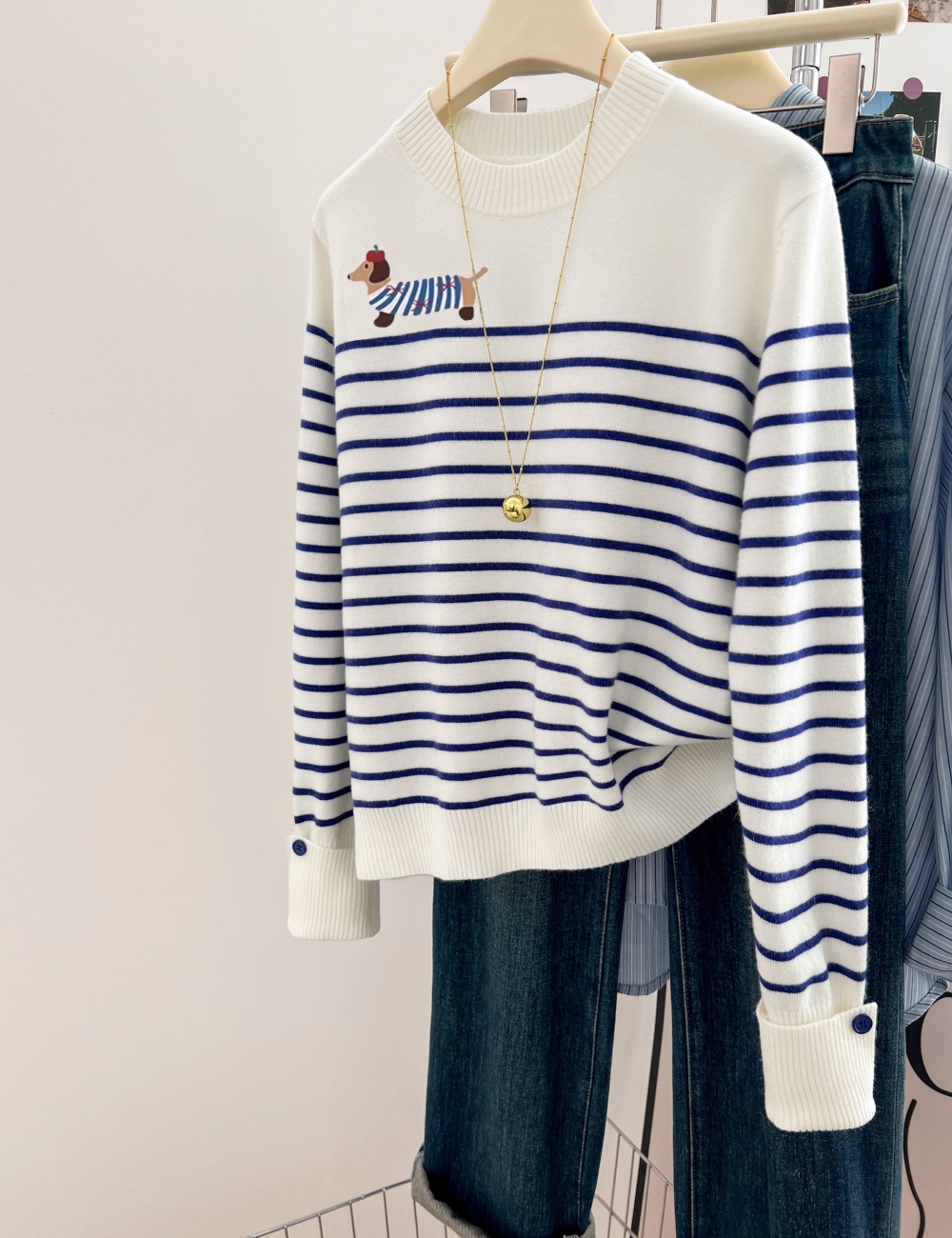 Stripe autumn cartoon round neck sweater for women