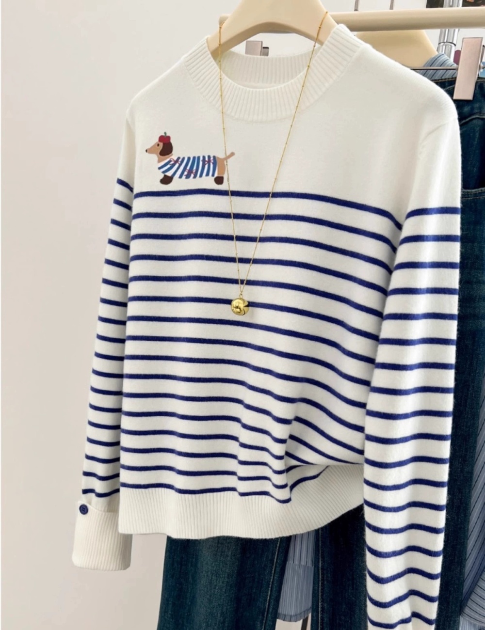 Stripe autumn cartoon round neck sweater for women