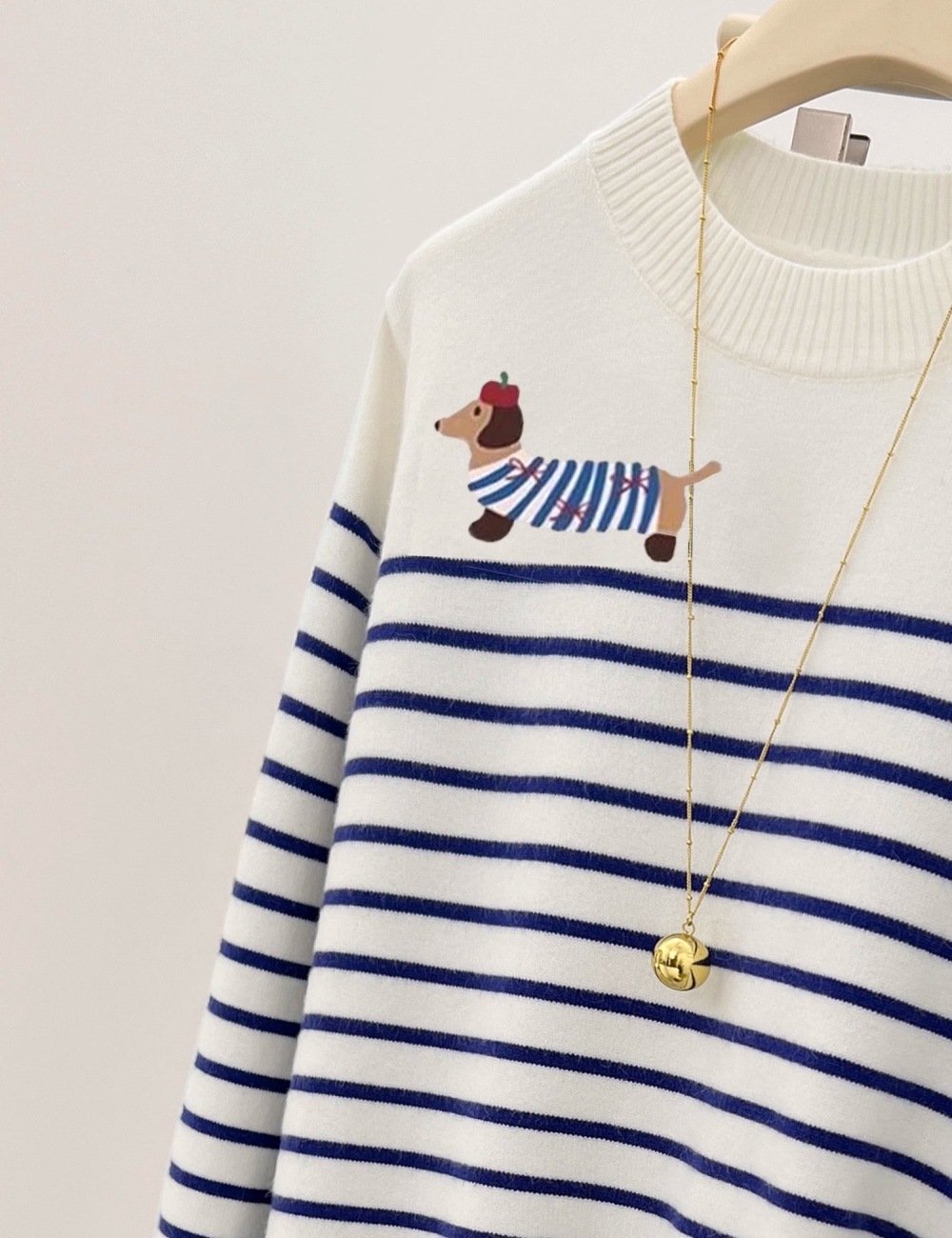 Stripe autumn cartoon round neck sweater for women